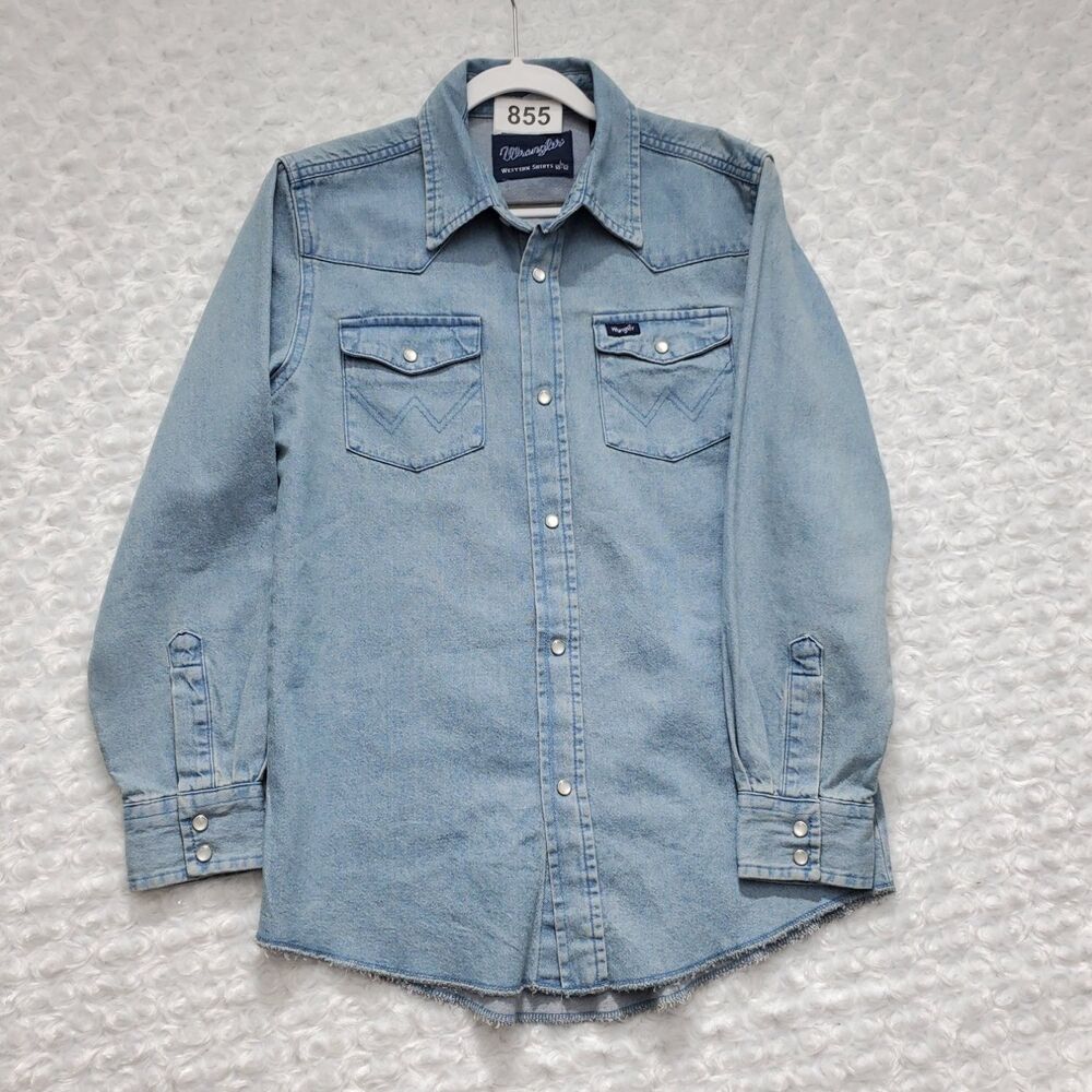 Wrangler Boys Pearl Snap Western Shirt Shirts L Blue Long Sleeve Raw Hem